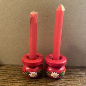 Vintage Mini Pair of Swedish Folkart Red Ball Candle Holders Set Of 2 & Candles